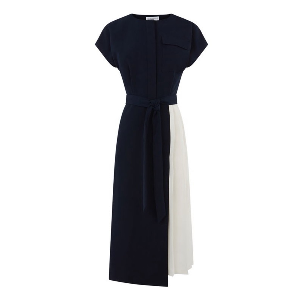 Elegant Asymmetric Navy and White Pleated Shirt Dress